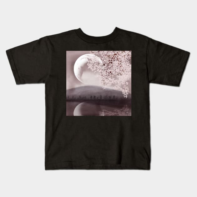 Blooming Sakura tree on water. Full moon romantic landscape watercolor Kids T-Shirt by likapix